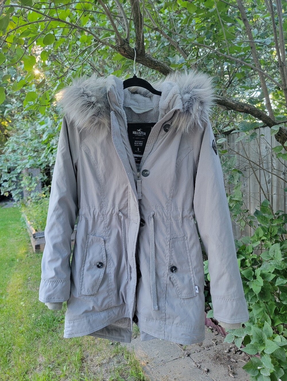 Hollister Women's Icy Gray Jacket with Detachable Faux Fur Hood